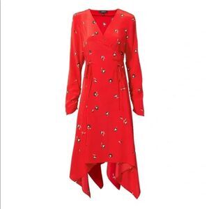 INTERMIX Josie Silk Faux Wrap Hankerchief Hem Dress - Red Floral 2